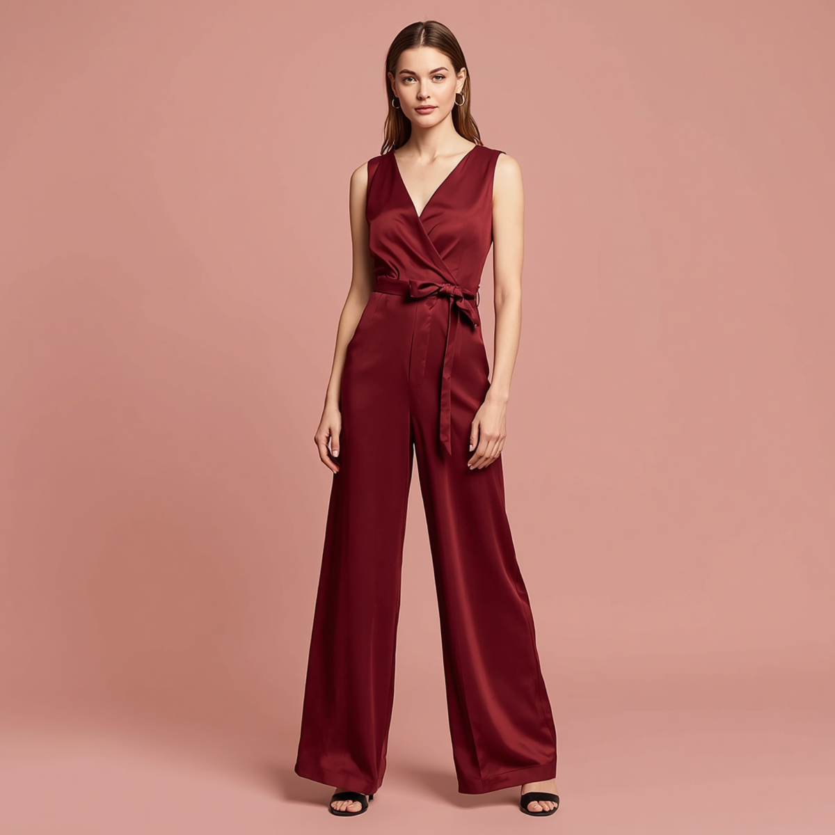 Bordeauxfarbener Damen Jumpsuit mit Wickeloberteil, Bindegürtel und weitem Bein