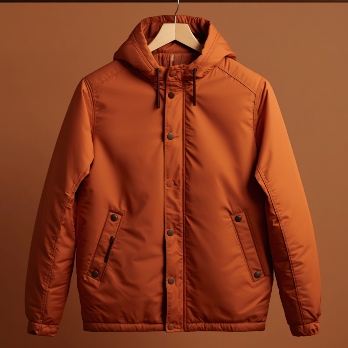Orange Herren Jacke mit Kapuze, Druckknopfverschluss und seitlichen Taschen