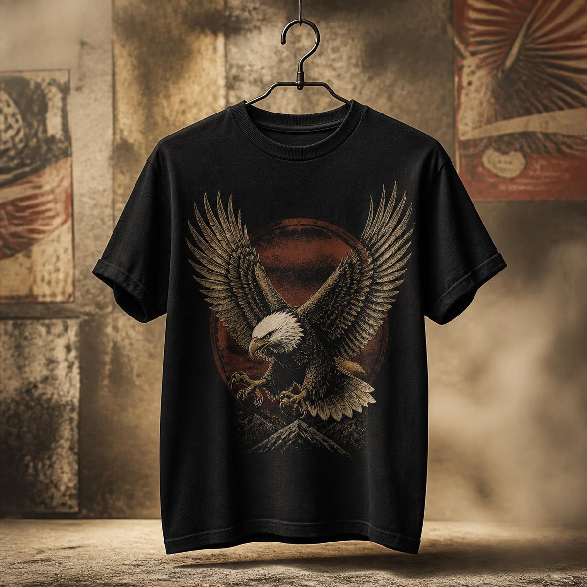 Schwarzes Herren T-Shirt mit Adler Grafik und Bergmotiv auf der Vorderseite