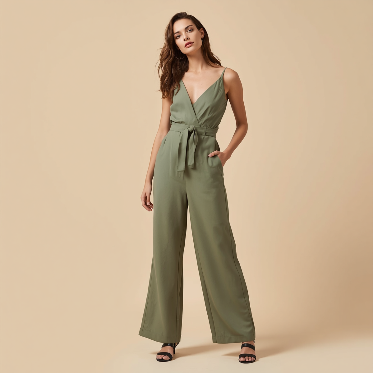 Damen Jumpsuit Olivgrün mit V-Ausschnitt, Bindegürtel und weitem Bein