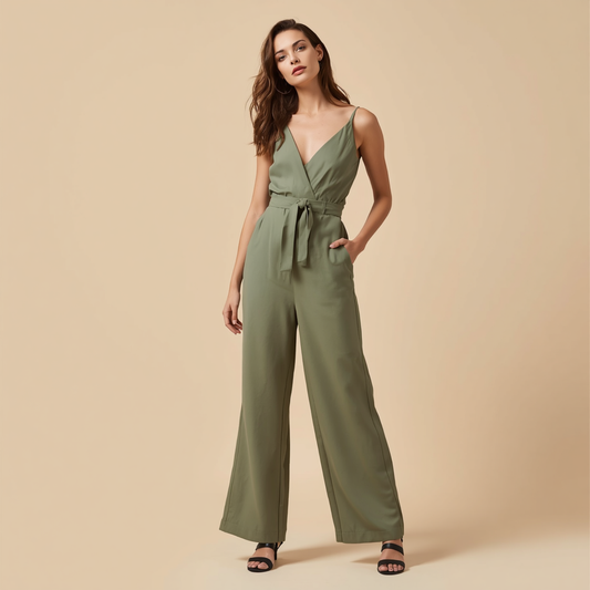 Damen Jumpsuit Olivgrün mit V-Ausschnitt, Bindegürtel und weitem Bein
