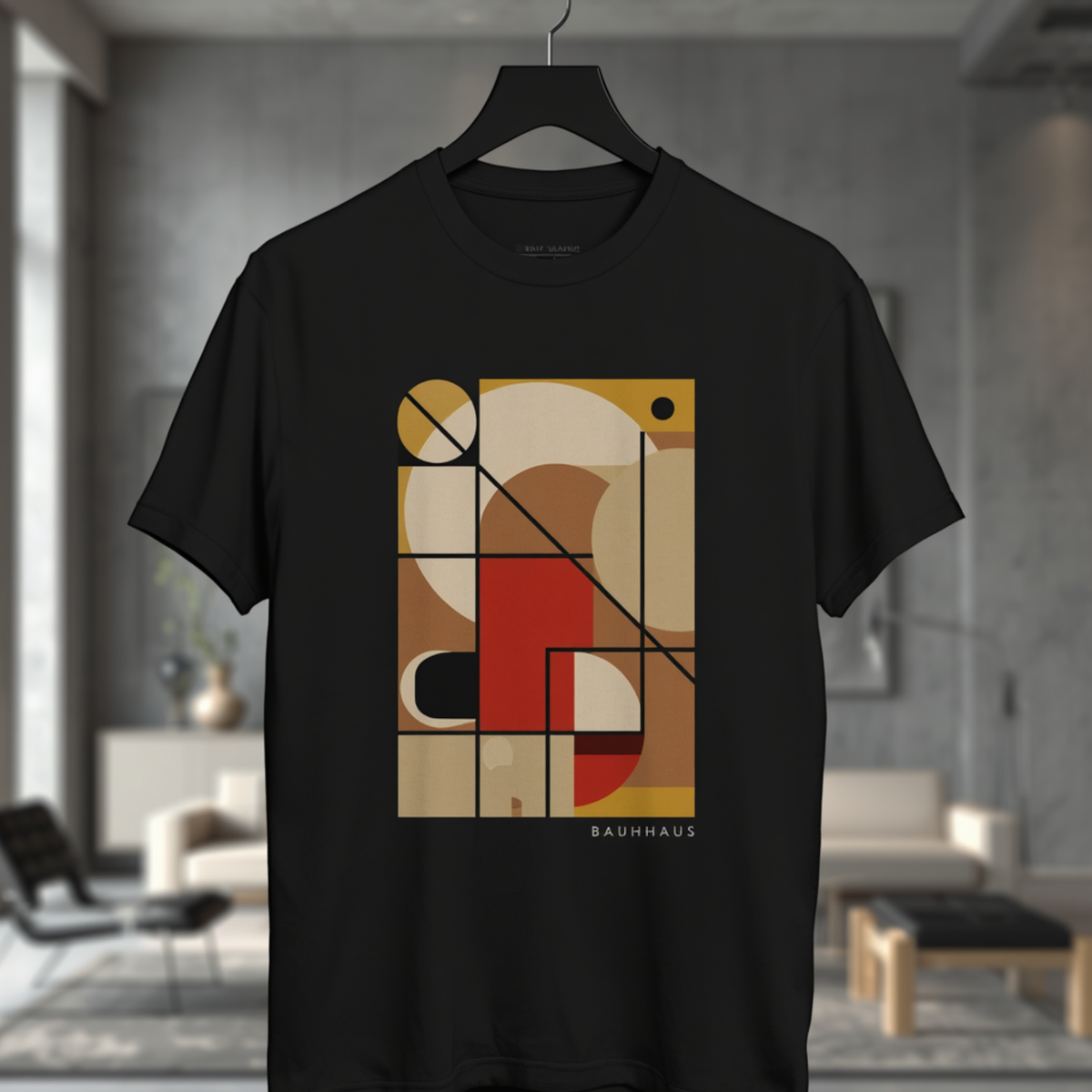 Herren T-Shirt Schwarz mit Geometrischer Grafik und Rundhalsausschnitt