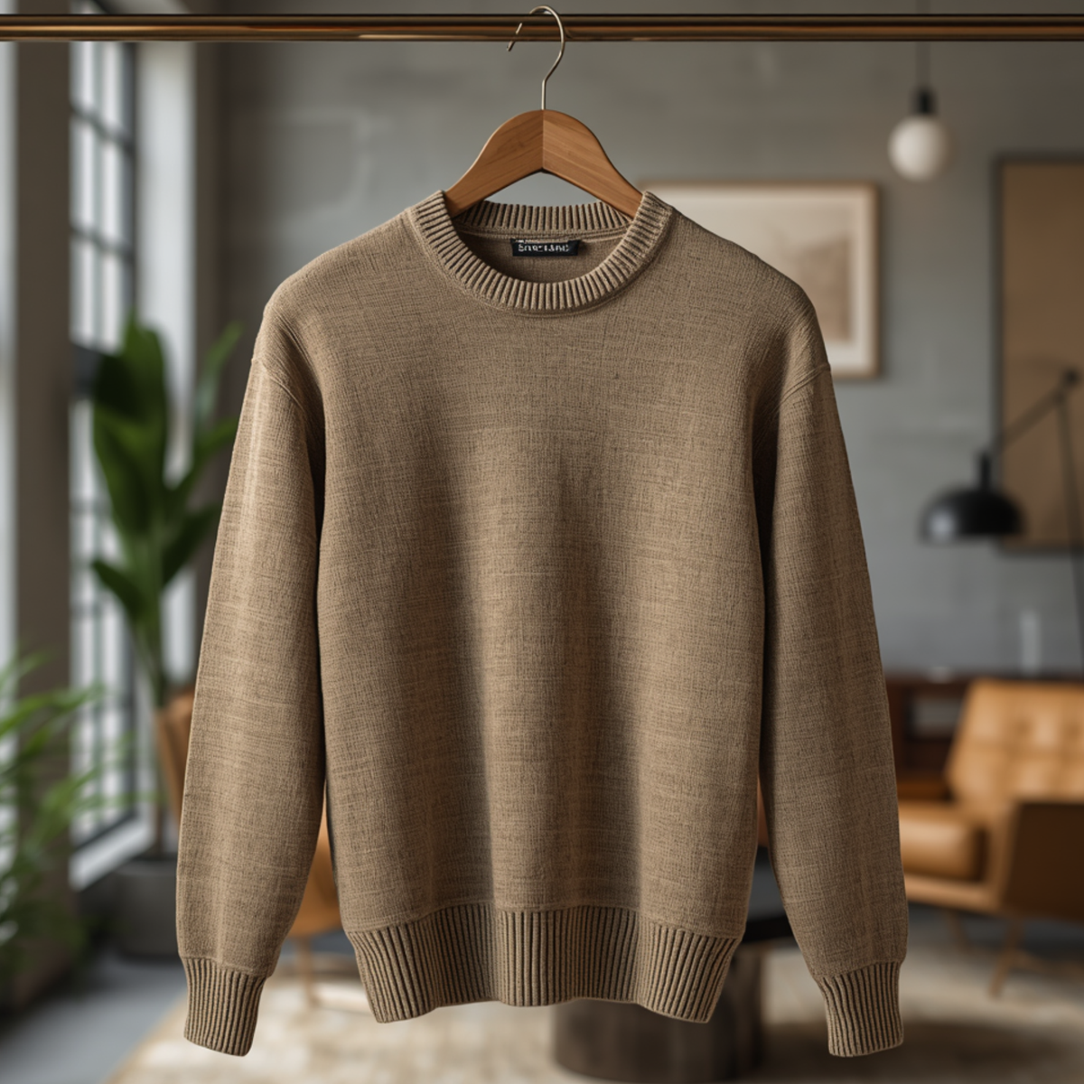 Herren Pullover Beige mit Rundhalsausschnitt und Gerippten Abschlüssen