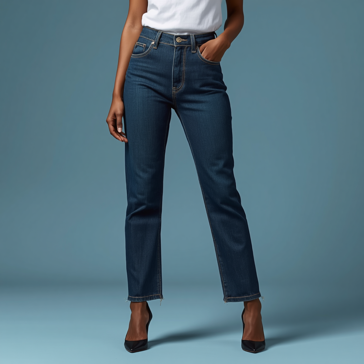 Dunkelblaue Damen Jeans mit hohem Bund und geradem Beinschnitt