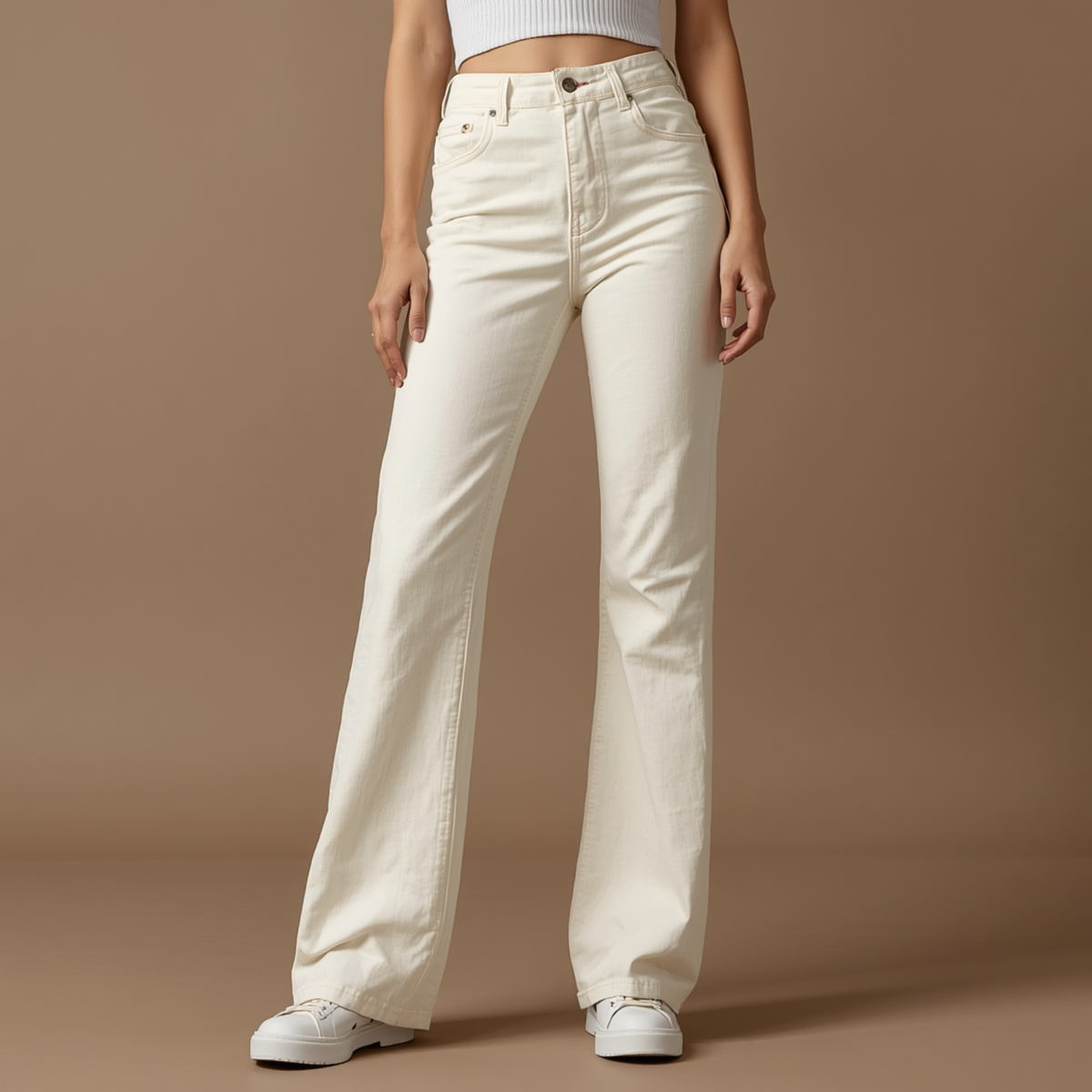 Ecrufarbene Damen Jeans mit hohem Bund und weitem Bein