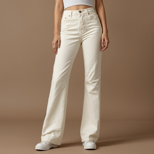Ecrufarbene Damen Jeans mit hohem Bund und weitem Bein