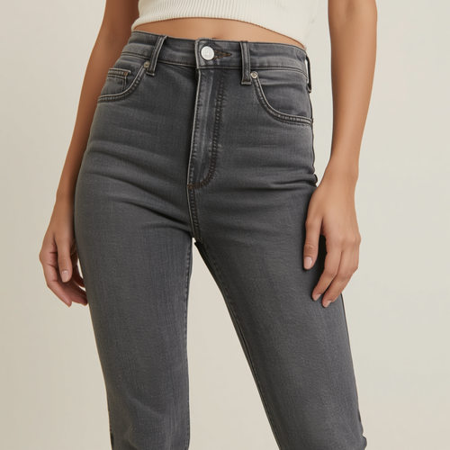 Graue Damen Jeans mit hohem Bund und geradem Beinschnitt