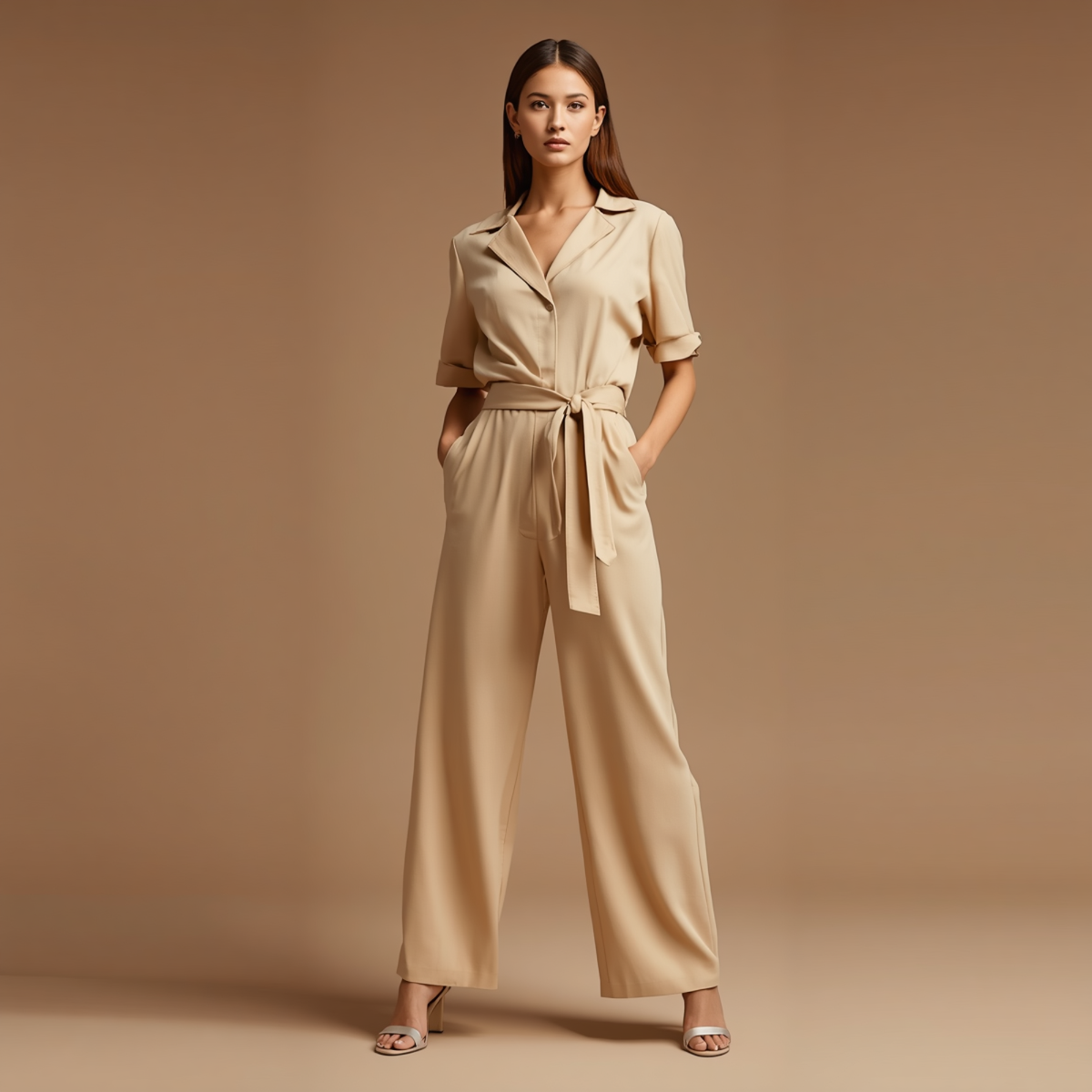 Beiger Damen Jumpsuit mit Reverskragen, Bindegürtel und weitem Bein