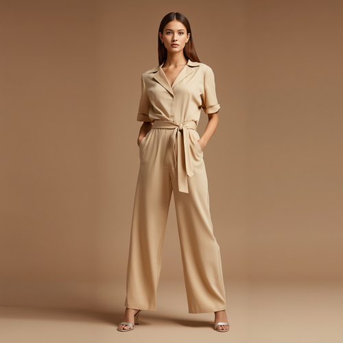 Beiger Damen Jumpsuit mit Reverskragen, Bindegürtel und weitem Bein
