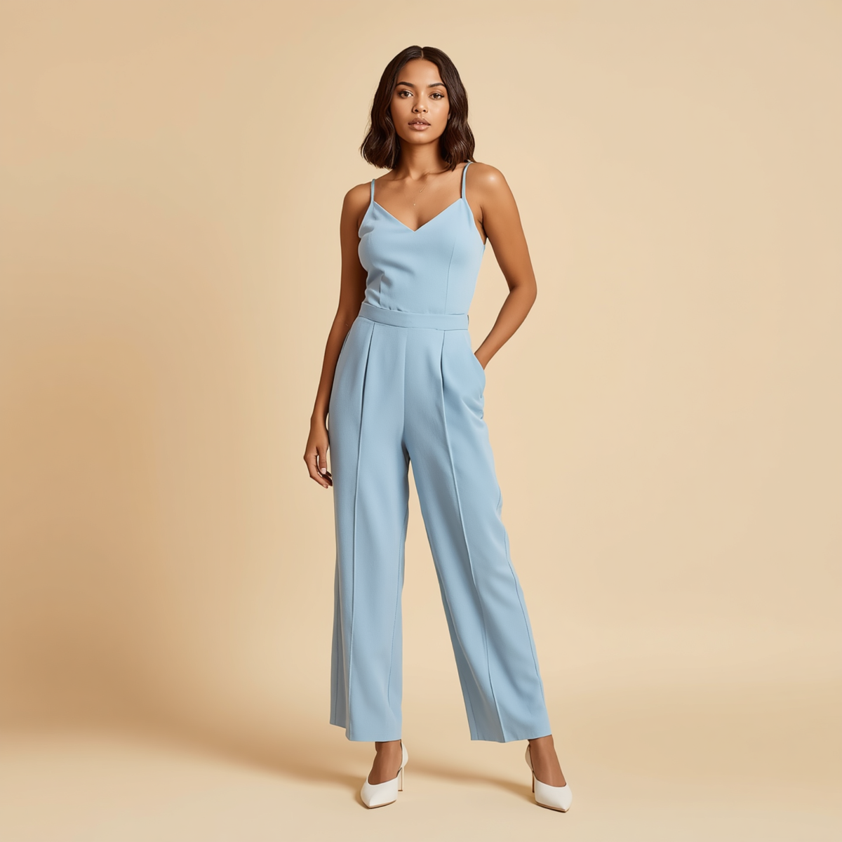 Hellblauer Damen Jumpsuit mit V-Ausschnitt, Spaghettiträgern und Seitentaschen