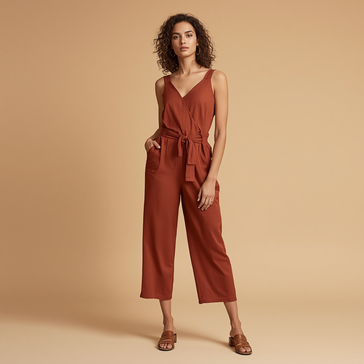 Terrakottafarbener Damen Jumpsuit mit Wickeloberteil, Taillenband und verkürzter Hose