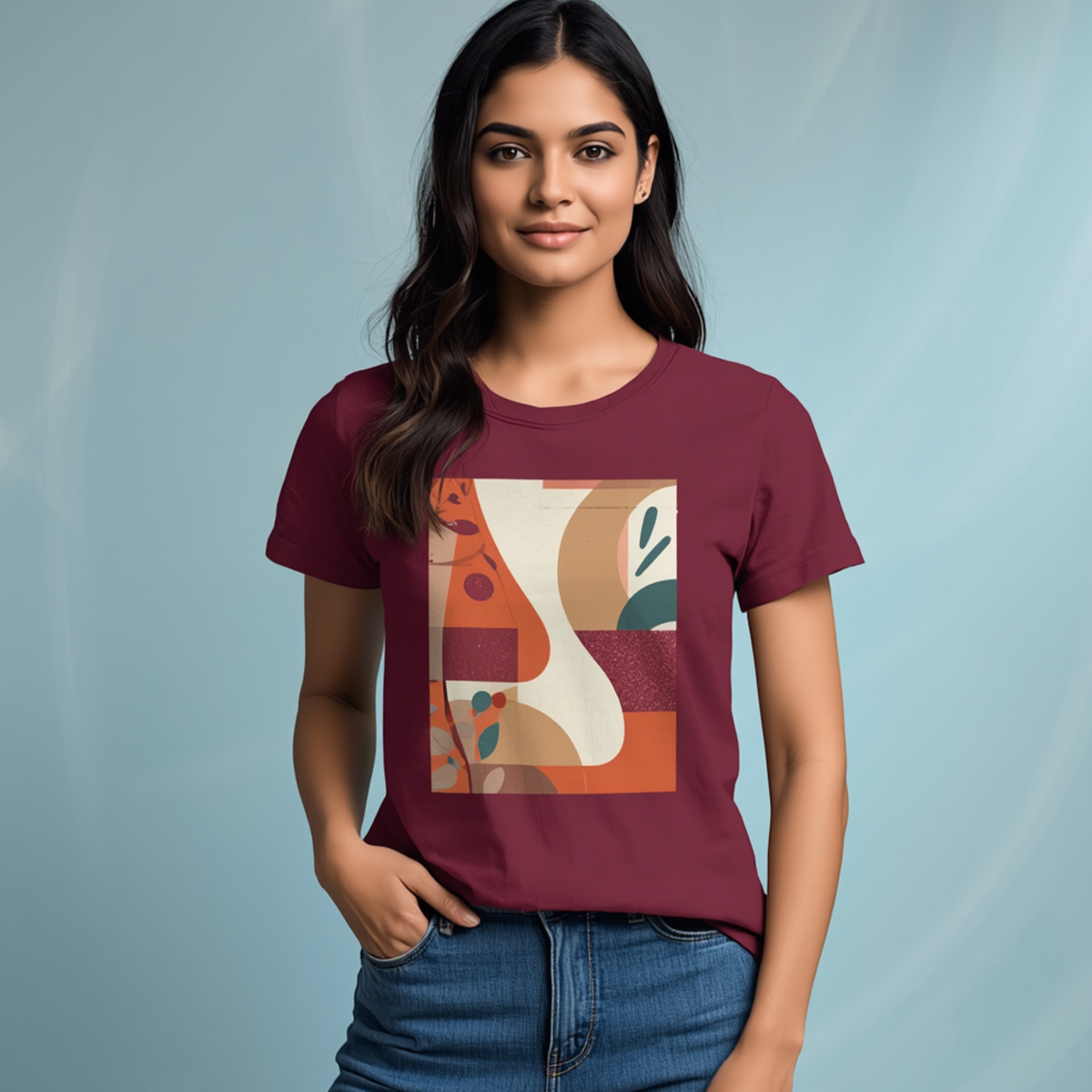 Bordeauxfarbenes Damen T-Shirt mit abstraktem geometrischem Motiv und Rundhalsausschnitt