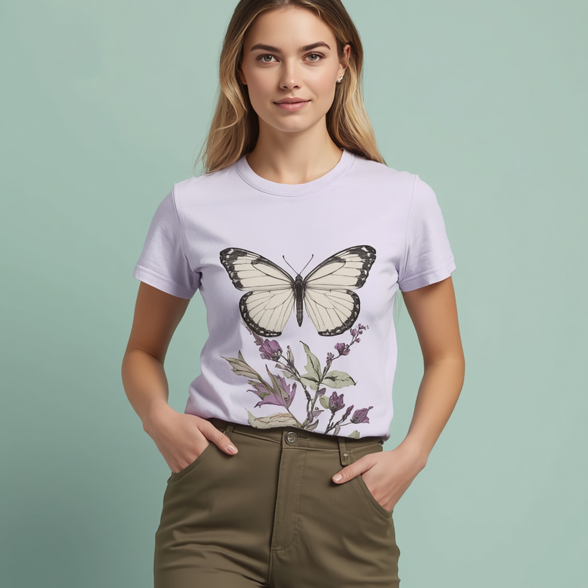 Fliederfarbenes Damen T-Shirt mit Schmetterlingsmotiv und Blumenmuster