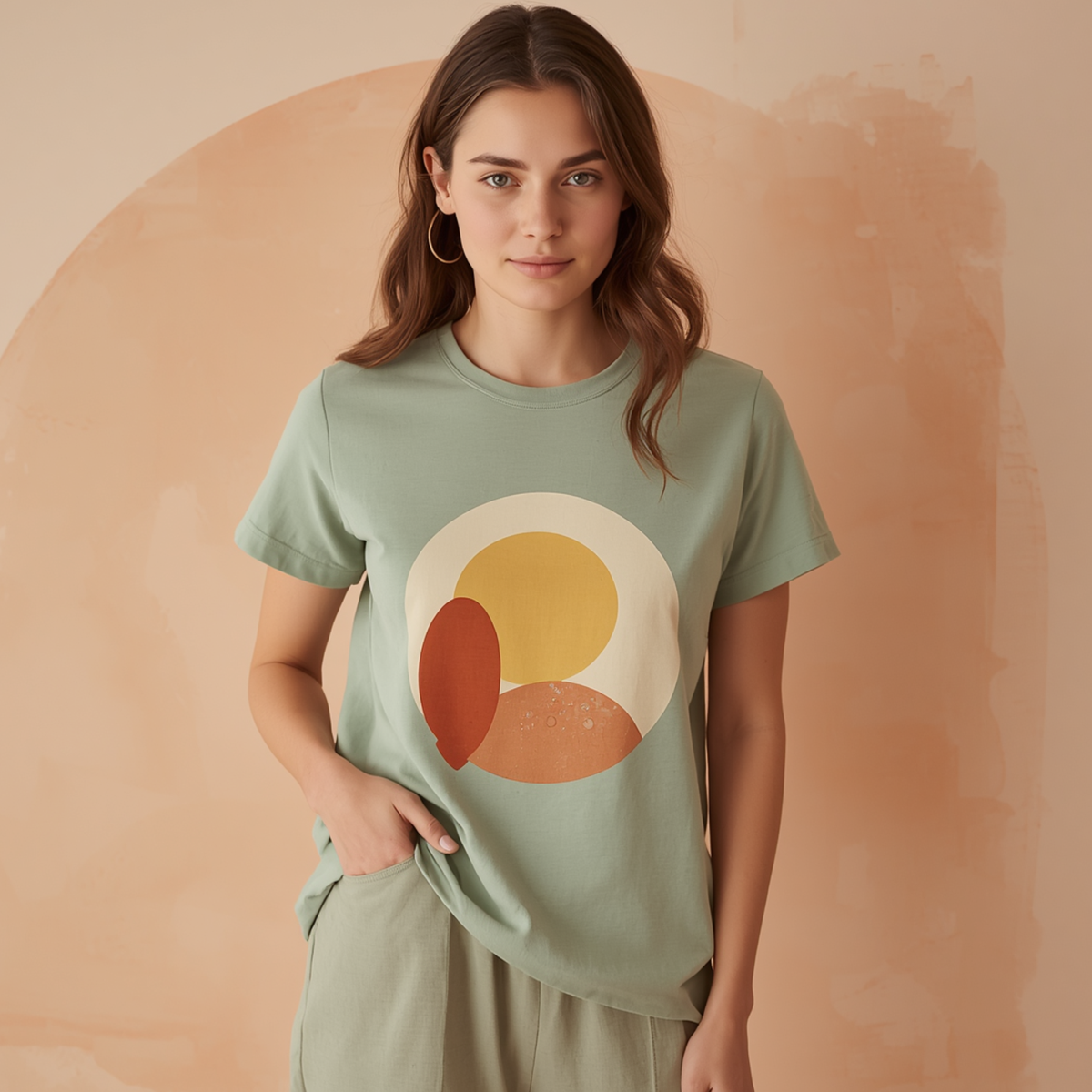Salbeigrünes Damen T-Shirt mit abstraktem Motiv und Rundhalsausschnitt