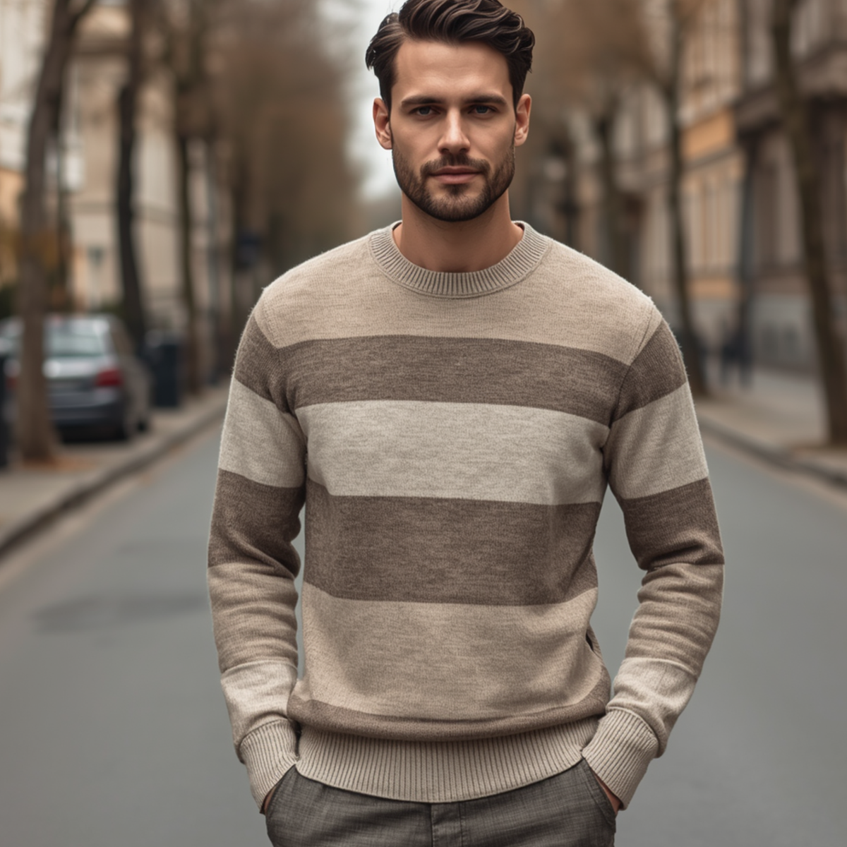 Beiger Herren Pullover mit braunen horizontalen Streifen und Rundhalsausschnitt