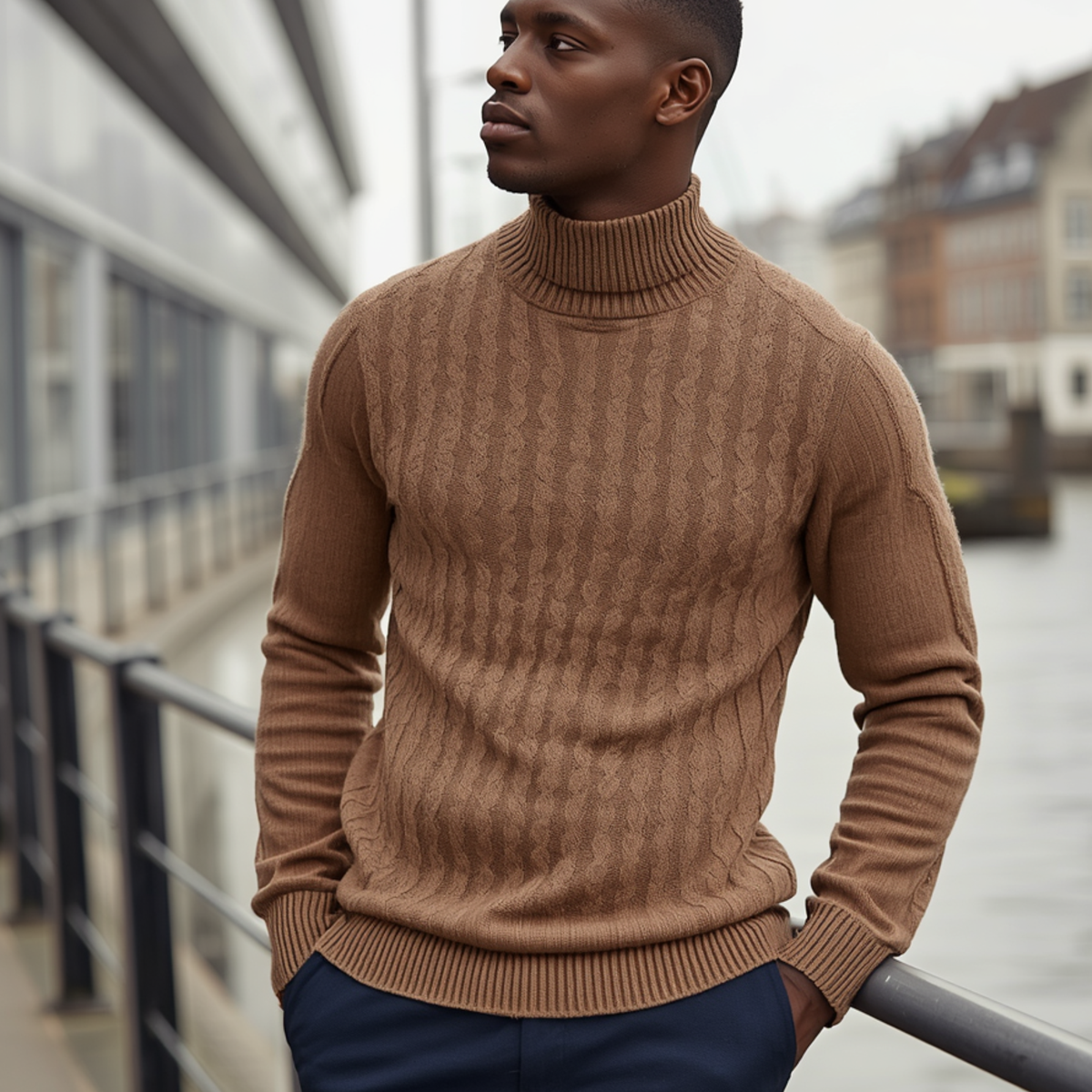 Brauner Herren Pullover mit Rollkragen und vertikalem Strickmuster