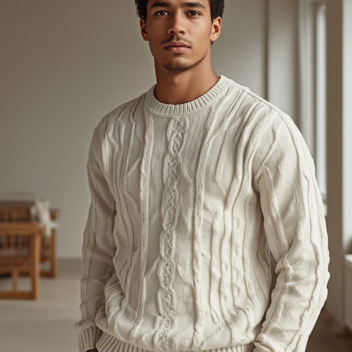 Cremefarbener Herren Pullover mit Rundhalsausschnitt und strukturiertem Zopfmuster