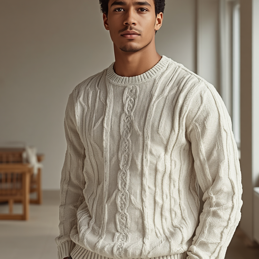 Cremefarbener Herren Pullover mit Rundhalsausschnitt und strukturiertem Zopfmuster