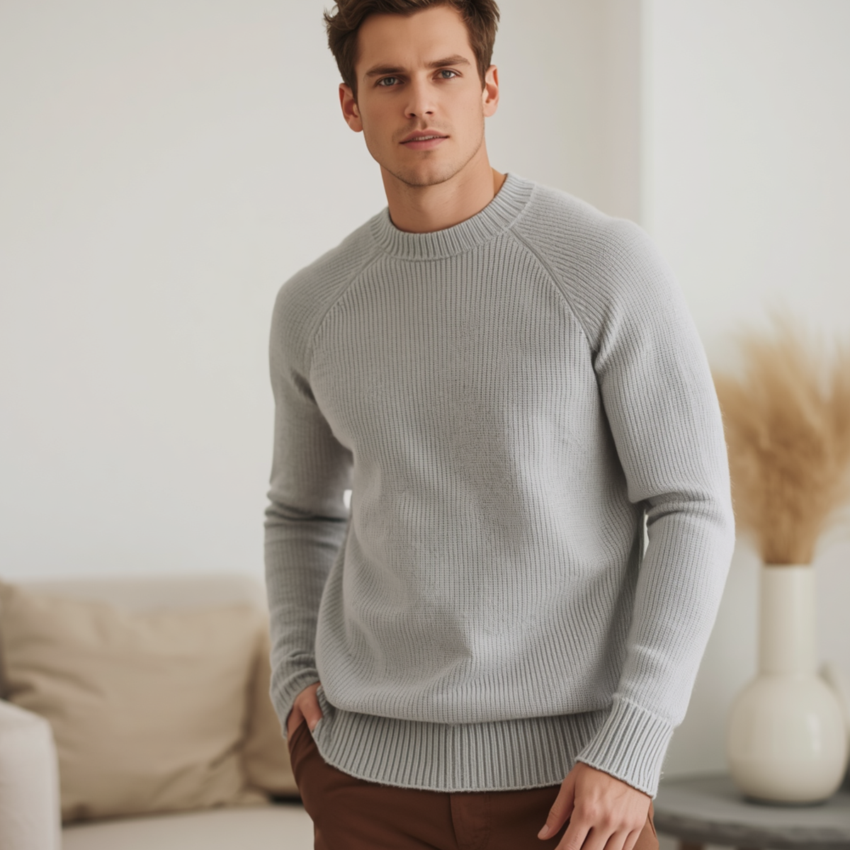 Hellgrauer Herren Pullover mit Rundhalsausschnitt und gerippter Strickstruktur