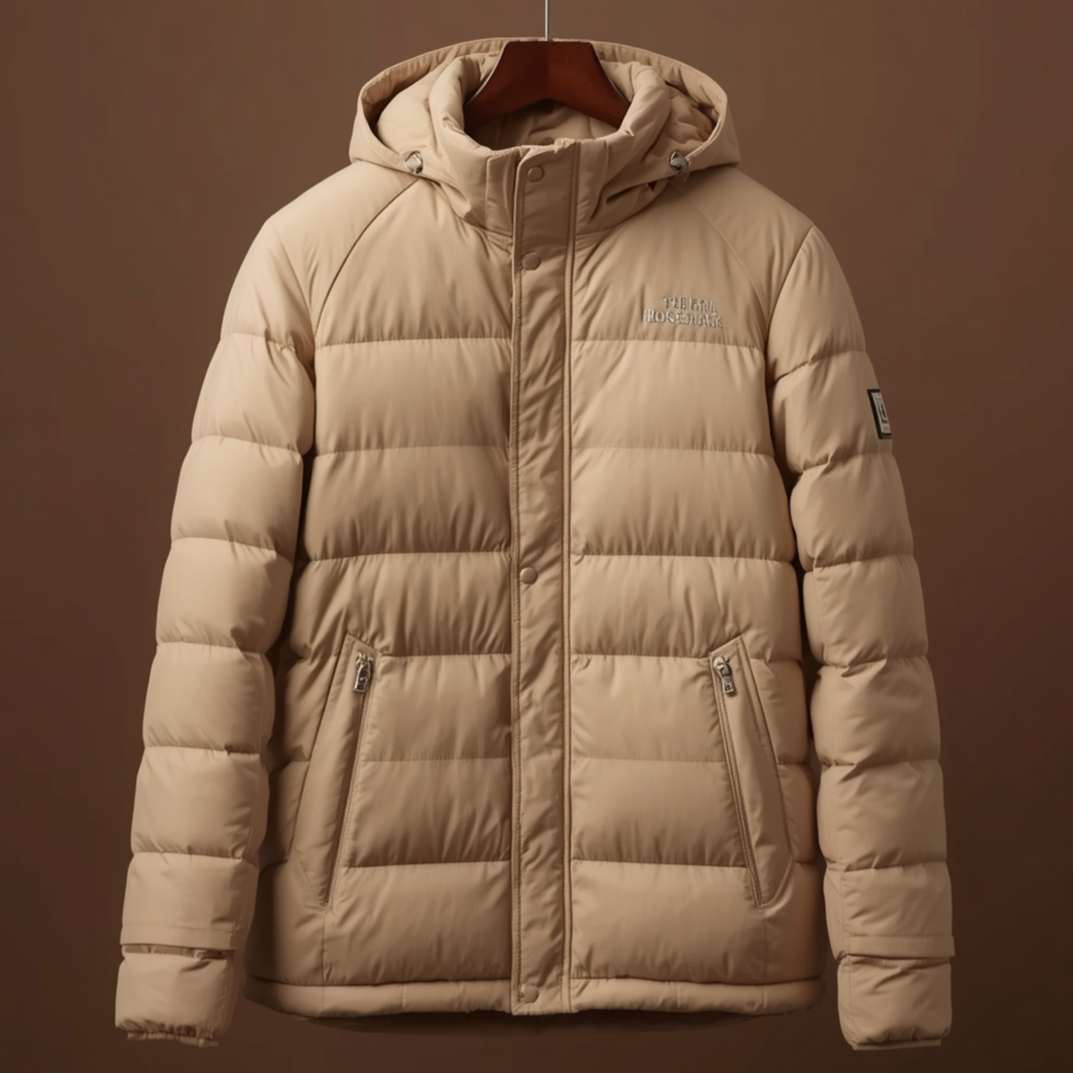 Beige Herren Steppjacke mit Kapuze und zwei seitlichen Reißverschlusstaschen