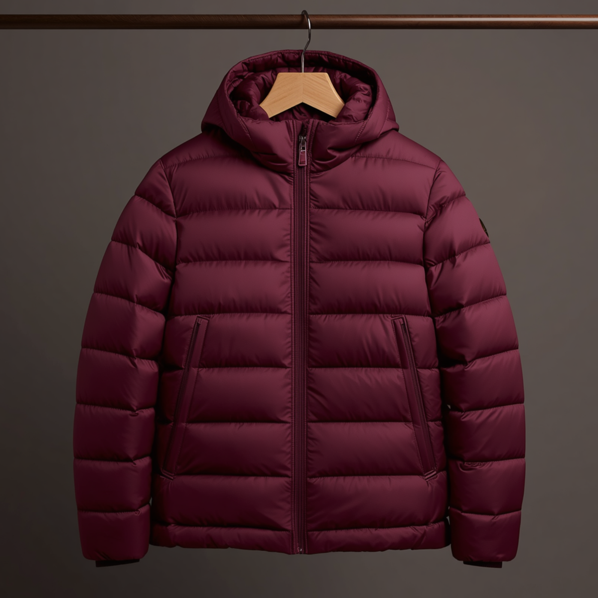 Bordeauxfarbene Herren Steppjacke mit Kapuze, Frontreißverschluss und zwei seitlichen Reißverschlusstaschen