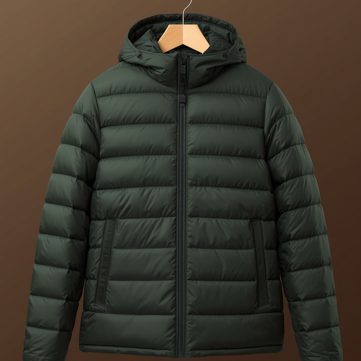 Dunkelgrüne Herren Steppjacke mit Kapuze, Frontreißverschluss und zwei seitlichen Reißverschlusstaschen