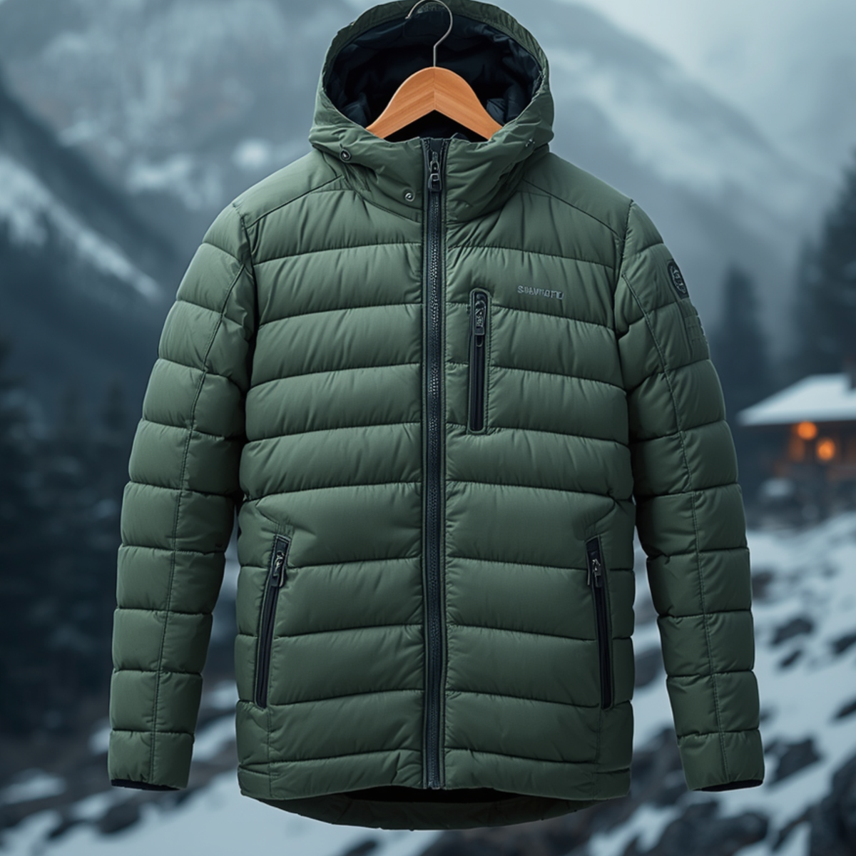 Grüne Herren Steppjacke mit Kapuze und Reißverschlusstaschen an Brust und Seiten