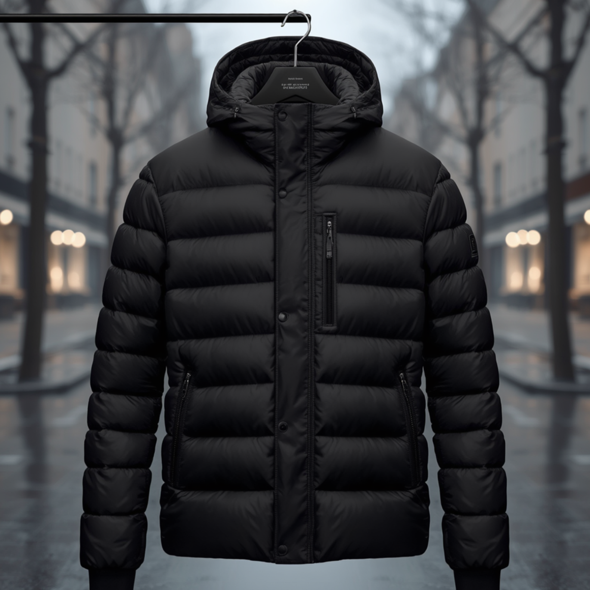 Schwarze Herren Steppjacke mit Kapuze und Reißverschlusstaschen an Brust und Seiten