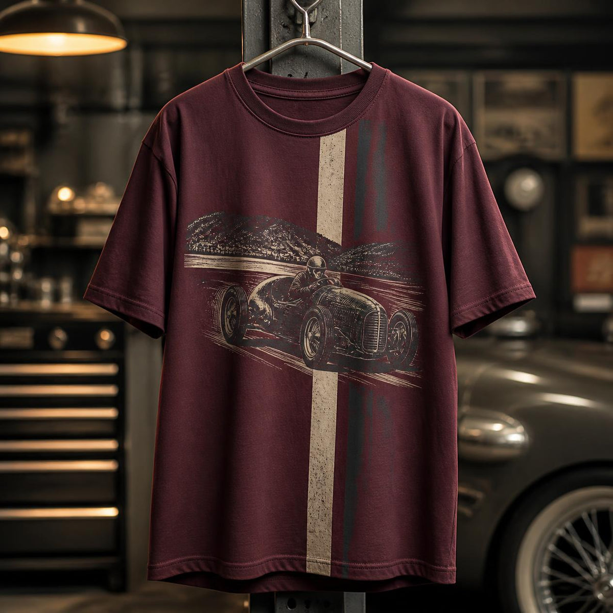 Bordeauxfarbenes Herren T-Shirt mit Rennwagen Grafik und Streifenmotiv auf der Vorderseite