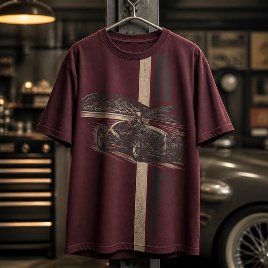 Bordeauxfarbenes Herren T-Shirt mit Rennwagen Grafik und Streifenmotiv auf der Vorderseite