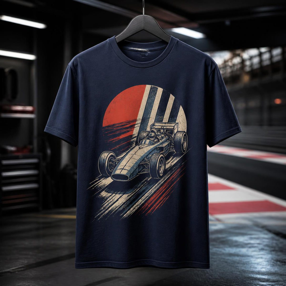 Marineblaues Herren T-Shirt mit Rennwagen Grafik auf der Vorderseite