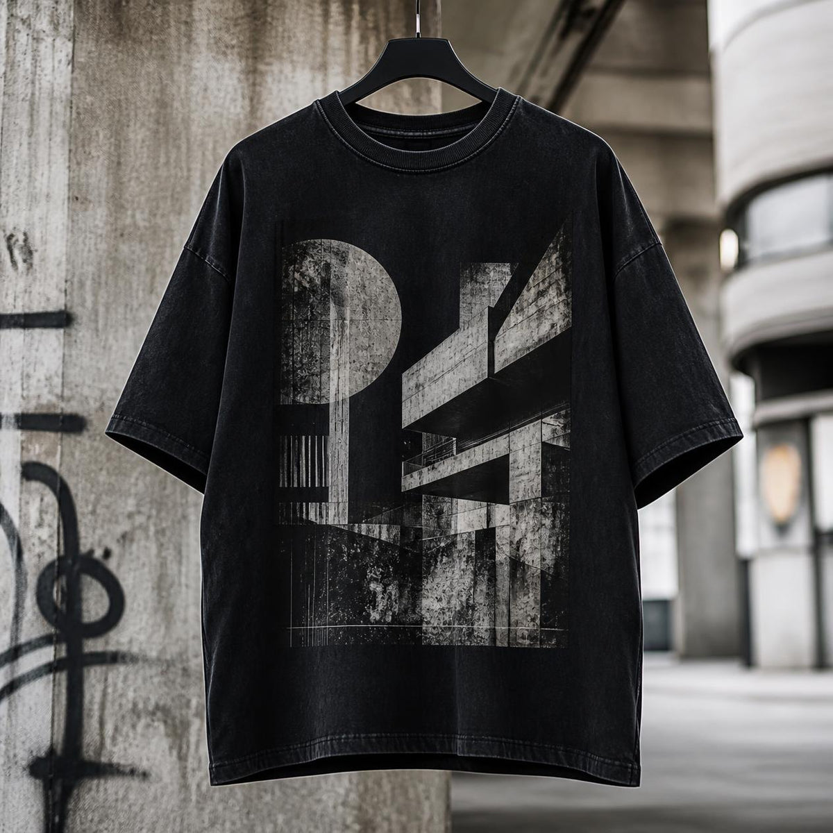 Schwarzes Herren T-Shirt mit abstrakter Architektur Grafik und geometrischem Motiv auf der Vorderseite