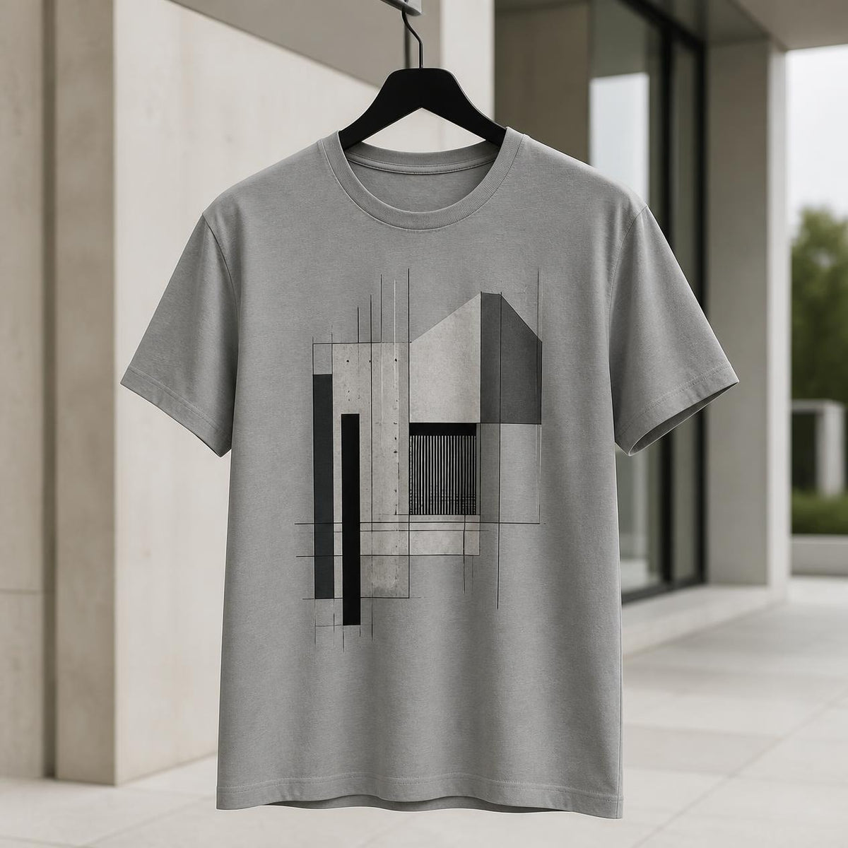 Steingraues Herren T-Shirt mit abstrakter Architektur Grafik und geometrischem Motiv auf der Vorderseite