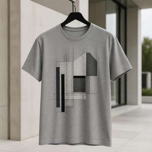 Steingraues Herren T-Shirt mit abstrakter Architektur Grafik und geometrischem Motiv auf der Vorderseite
